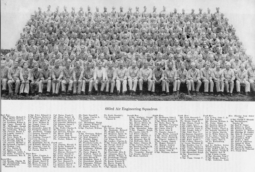 A group photo of the 603rd Air Engineers Squadron. Hutnick is on the 10th row, fourth from the left.